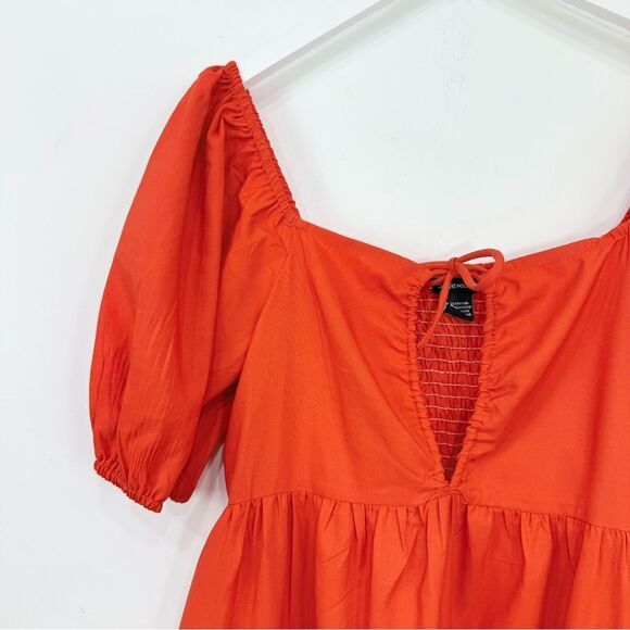 Style House Coral Red Puff Sleeve Keyhole Tie Bust Lacy Hem Maxi Peasant Dress - Picture 3 of 15